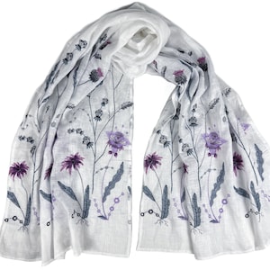 Light white linen scarf with wildflower embroidery for women