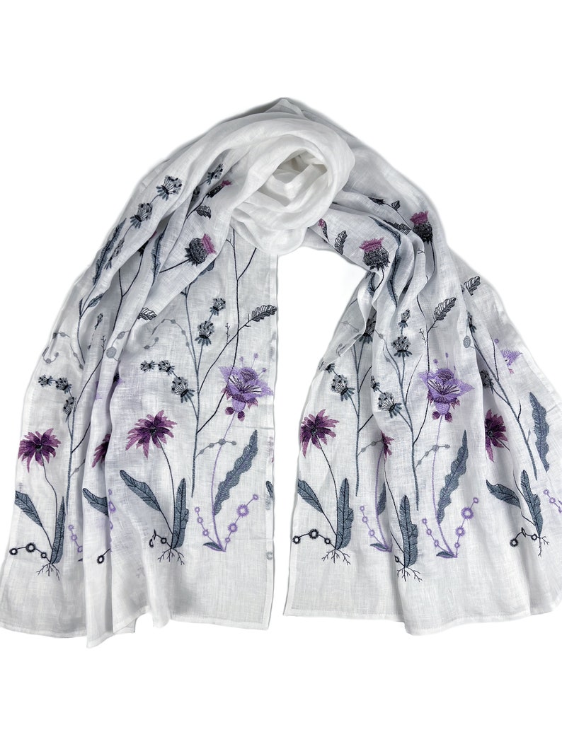 Light white linen scarf with wildflower embroidery for women