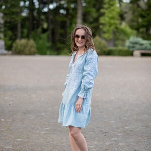 Light blue linen dress with white embroidery