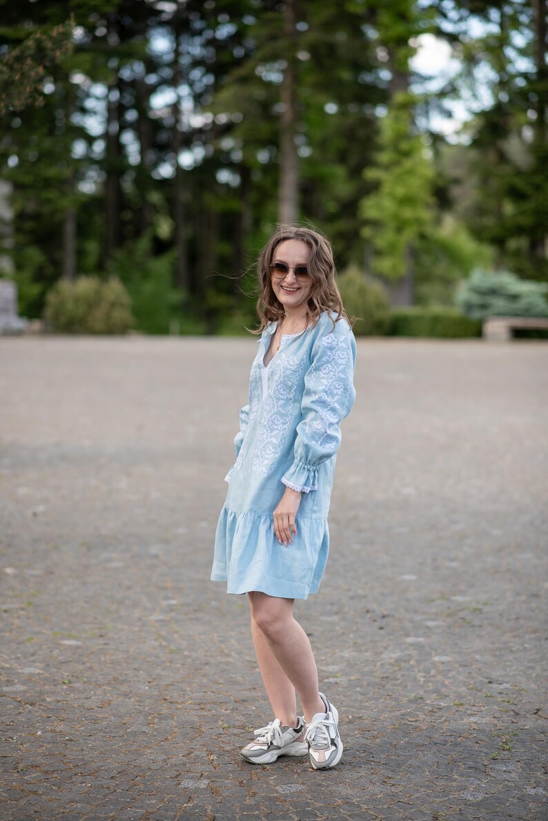 Light blue linen dress with white embroidery