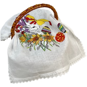 White linen Easter basket cover, Embroidered Pascha basket cover, Greek Easter napkins, Ukrainian Easter bunny napkins, Orthodox Easter gift