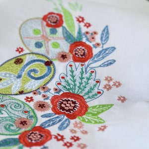 May include: Close-up of a white fabric with colorful embroidery. The embroidery features Easter egg designs in shades of green, blue, and orange, along with red and pink flowers and green leaves. The design is likely for a seasonal home decor item.