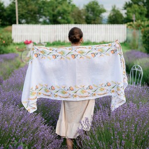 Linen Shawl with Floral Embroidery – White Embroidered Scarf with Peach Flowers, Folk Botanical Wrap