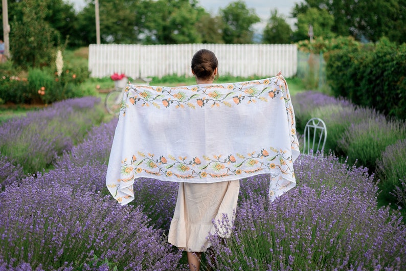 Linen Shawl with Floral Embroidery – White Embroidered Scarf with Peach Flowers, Folk Botanical Wrap