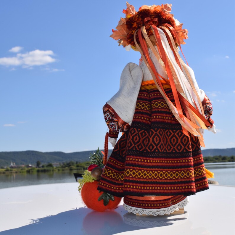 Handmade ukrainian motanka doll in traditional costume, Slavic folk rag art with floral wreath, Harvest pumpkin accessory, Home decor gift
