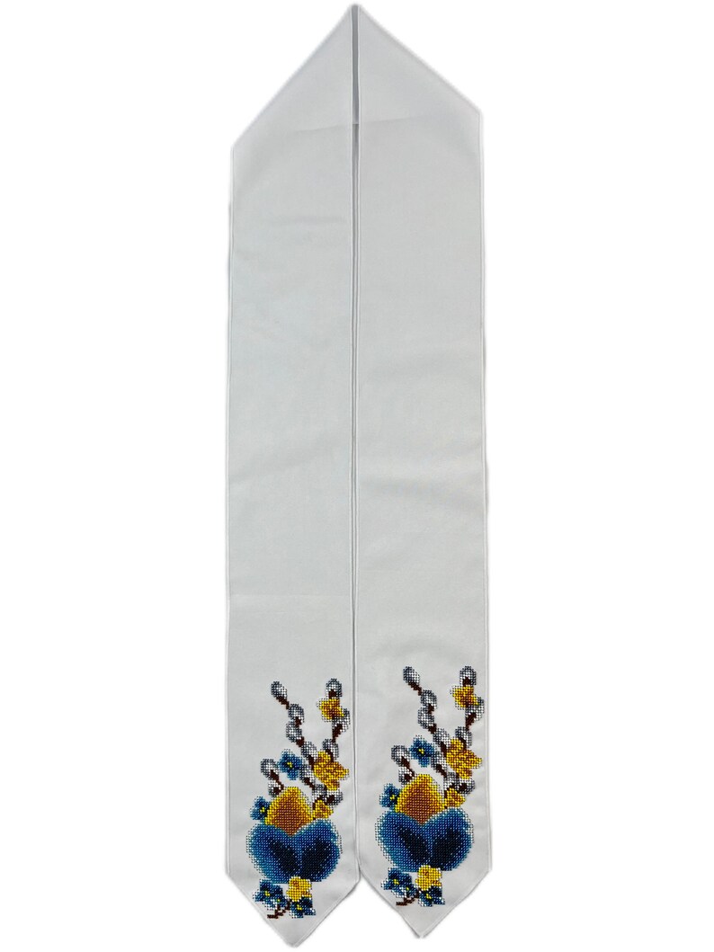 White Easter ribbon with beaded Ukrainian egg and pussy willow embroidery
