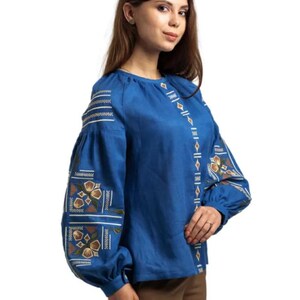 Blue Linen Embroidered Blouse for Women with Traditional Folk Pattern – Handmade Ethnic Shirt with Long Sleeves and Elegant Ukrainian Style