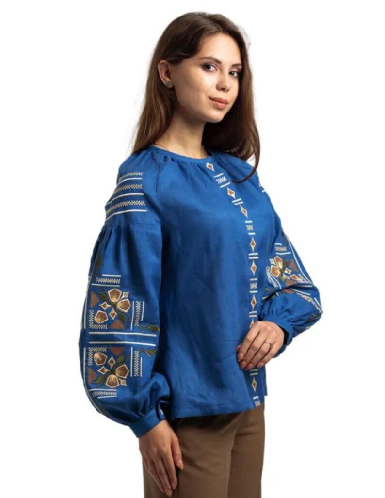 Blue Linen Embroidered Blouse for Women with Traditional Folk Pattern – Handmade Ethnic Shirt with Long Sleeves and Elegant Ukrainian Style