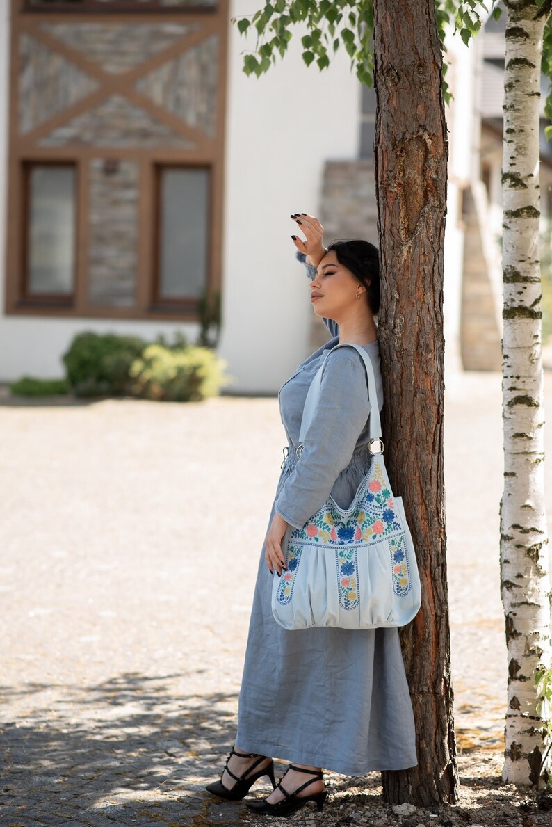 Embroidered Floral Shoulder Bag in Pastel Blue | Large Boho Folk Hobo Tote with Wide Strap, Ring Hardware, Everyday Purse, Gift for Her