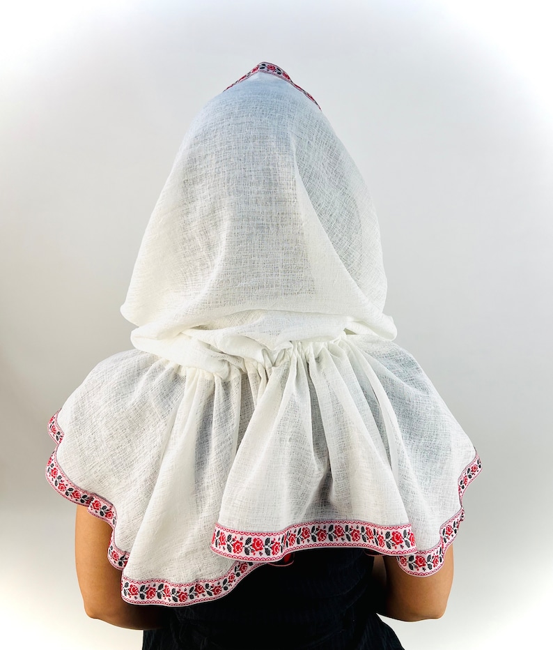 White Linen Hooded Chapel Veil with Ukrainian Red Black Floral Trim, Traditional Mantilla Head Covering with Ties for Church and Prayer