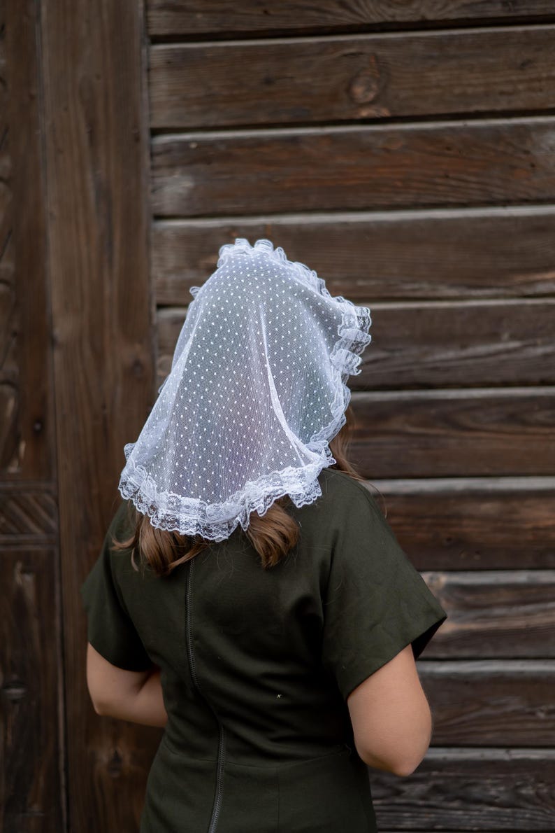 White polka dot mantilla veil with lace trim