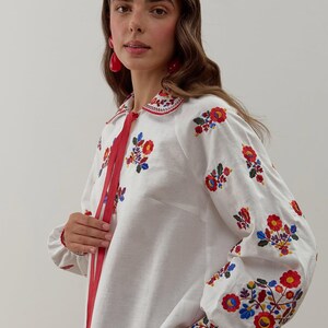 Embroidered Ukrainian linen blouse for women with red tie collar and floral sleeves, Yavoriv folk motifs, Peasant shirt