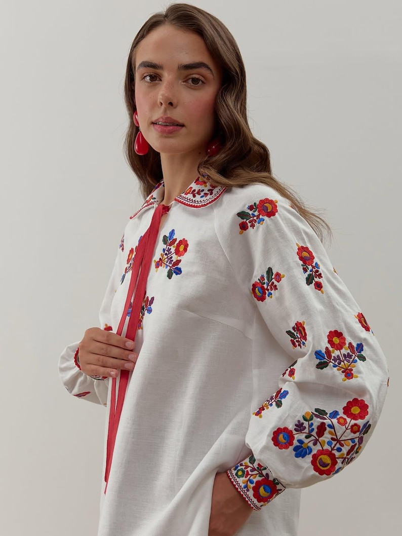 Embroidered Ukrainian linen blouse for women with red tie collar and floral sleeves, Yavoriv folk motifs, Peasant shirt