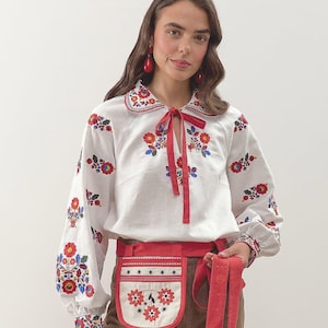 Embroidered Linen Blouse, Yavoriv Folk Motifs, Red Tie Collar, Floral Sleeves