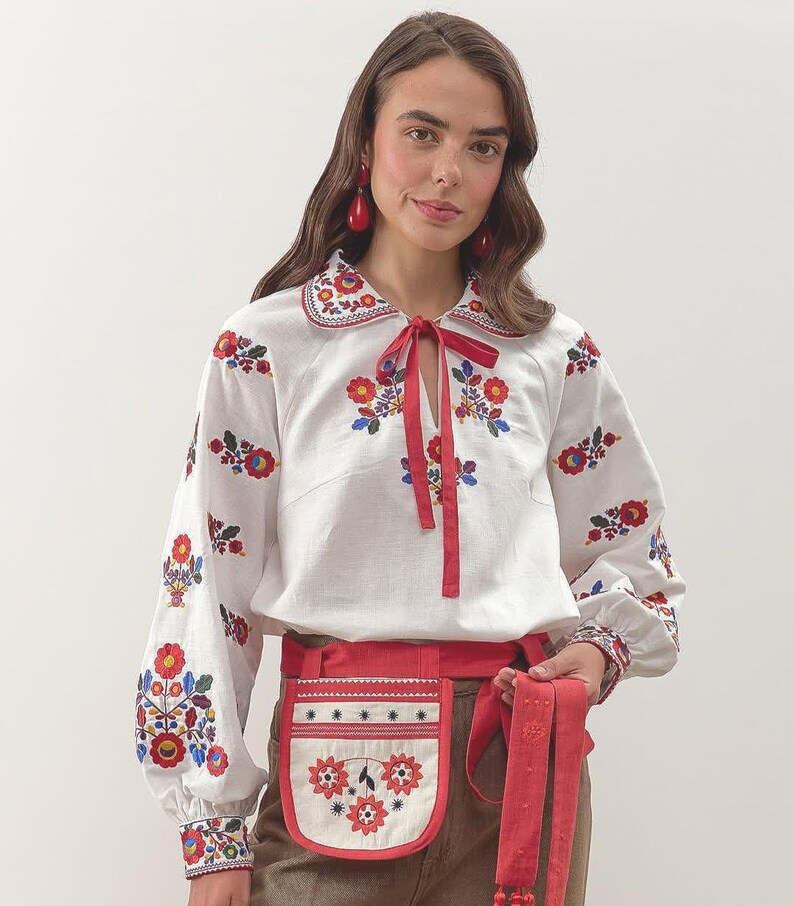 Embroidered Linen Blouse, Yavoriv Folk Motifs, Red Tie Collar, Floral Sleeves
