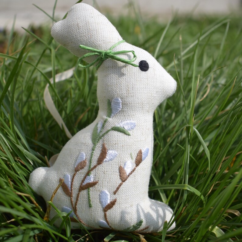 Handmade linen Easter bunny ornament with willow embroidery