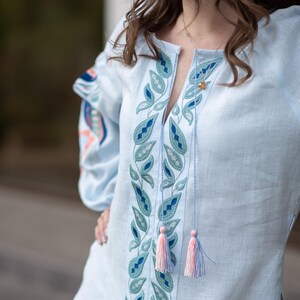 Light Blue Linen Embroidered Ukrainian Vyshyvanka Dress with Leaf Motifs, Tassel Belt and Front Slit – Boho Folk Midi with Balloon Sleeves