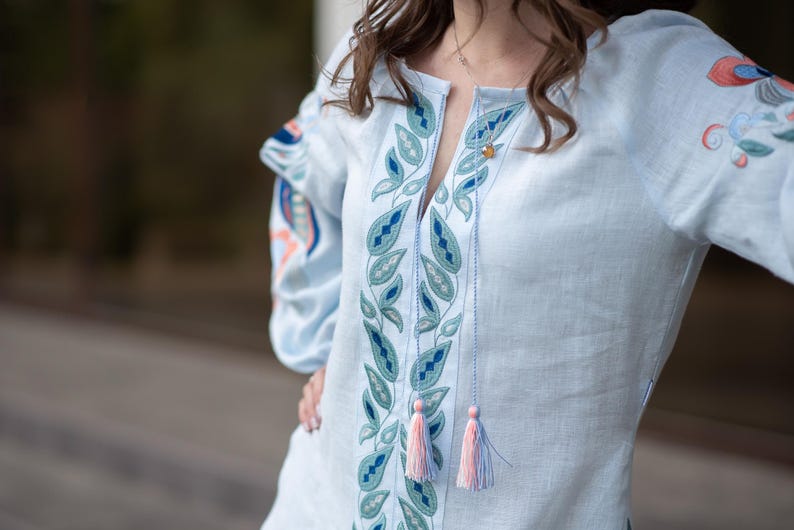 Light Blue Linen Embroidered Ukrainian Vyshyvanka Dress with Leaf Motifs, Tassel Belt and Front Slit – Boho Folk Midi with Balloon Sleeves