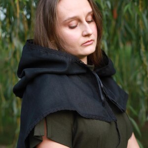 Victorian capelet black linen hooded lace trim shawl with ribbon tie, Modest church veil cowl, Gothic cloak style cover for weddings prayer