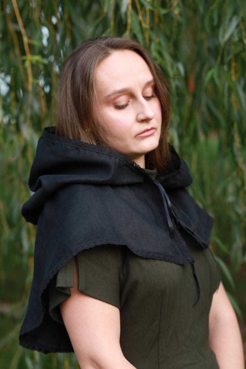 Victorian capelet black linen hooded lace trim shawl with ribbon tie, Modest church veil cowl, Gothic cloak style cover for weddings prayer