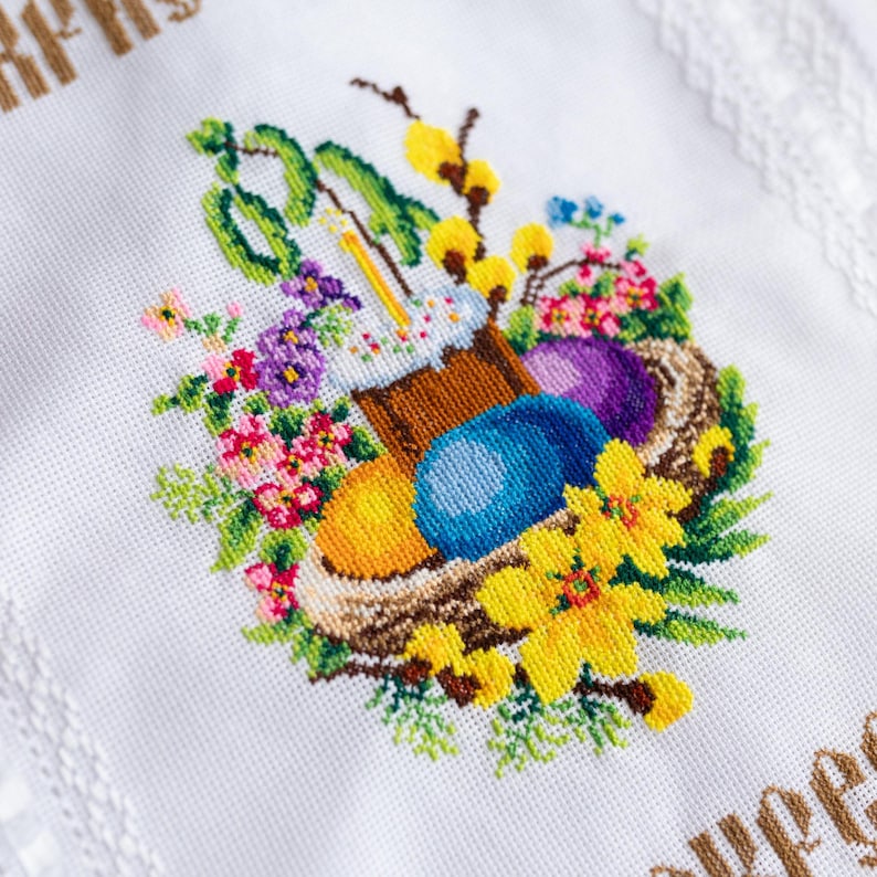 Orthodox Easter Basket Cover with Lace Fringe – Cross Stitch Pascha Towel, Kulich and Eggs Design, Cyrillic ‘Christ Is Risen’ Cloth