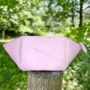 Handmade blush pink leather cosmetic bag