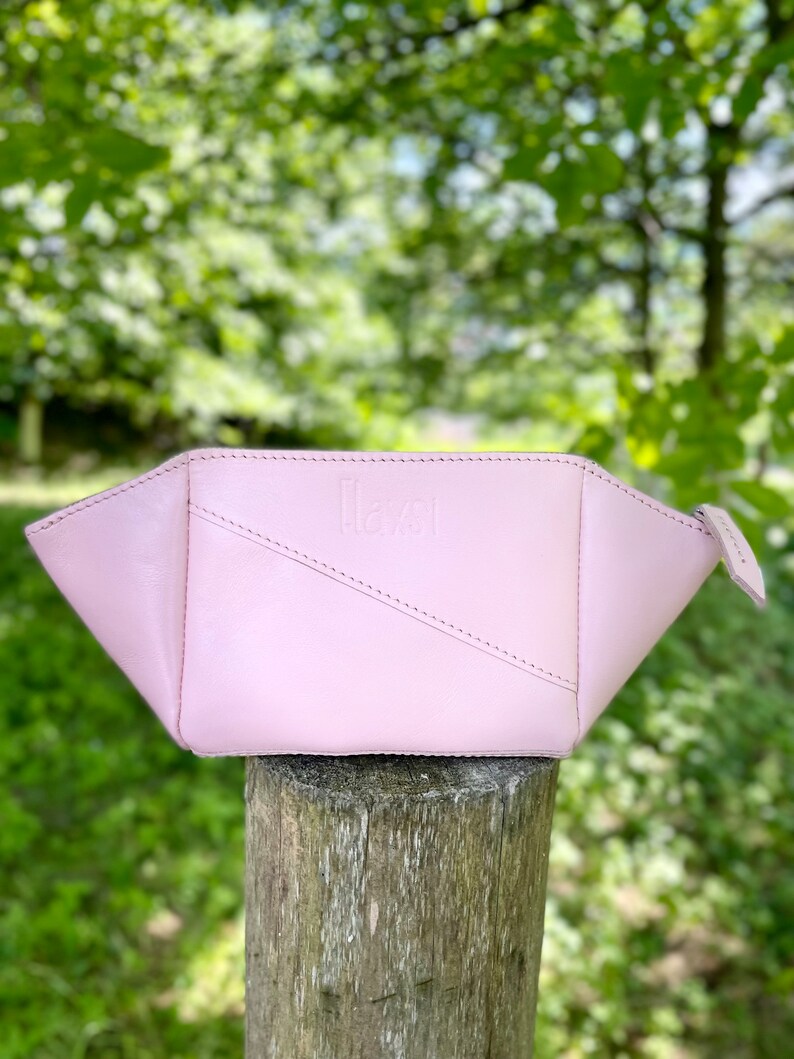 Handmade blush pink leather cosmetic bag