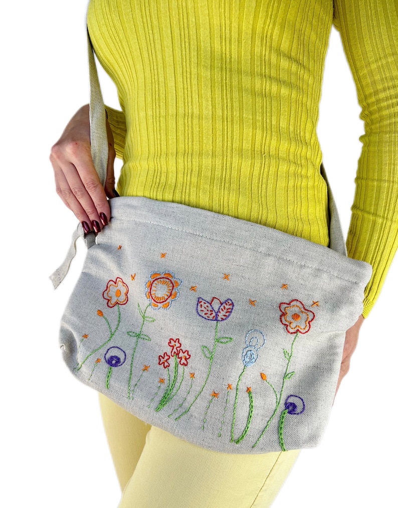 Handmade hemp pouch with floral embroidery