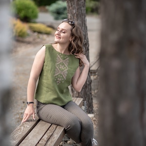 Green linen sleeveless top with embroidery | Boho folk-inspired blouse | Casual summer blouse for women | Lightweight ethnic fashion