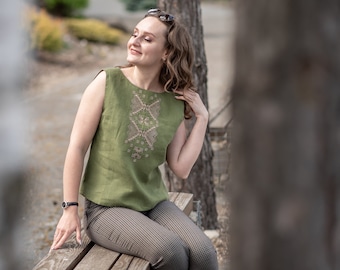 Green linen sleeveless top with embroidery | Boho folk-inspired blouse | Casual summer blouse for women | Lightweight ethnic fashion