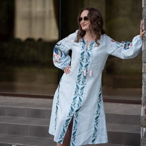 Light Blue Linen Embroidered Ukrainian Vyshyvanka Dress with Leaf Motifs, Tassel Belt and Front Slit – Boho Folk Midi with Balloon Sleeves
