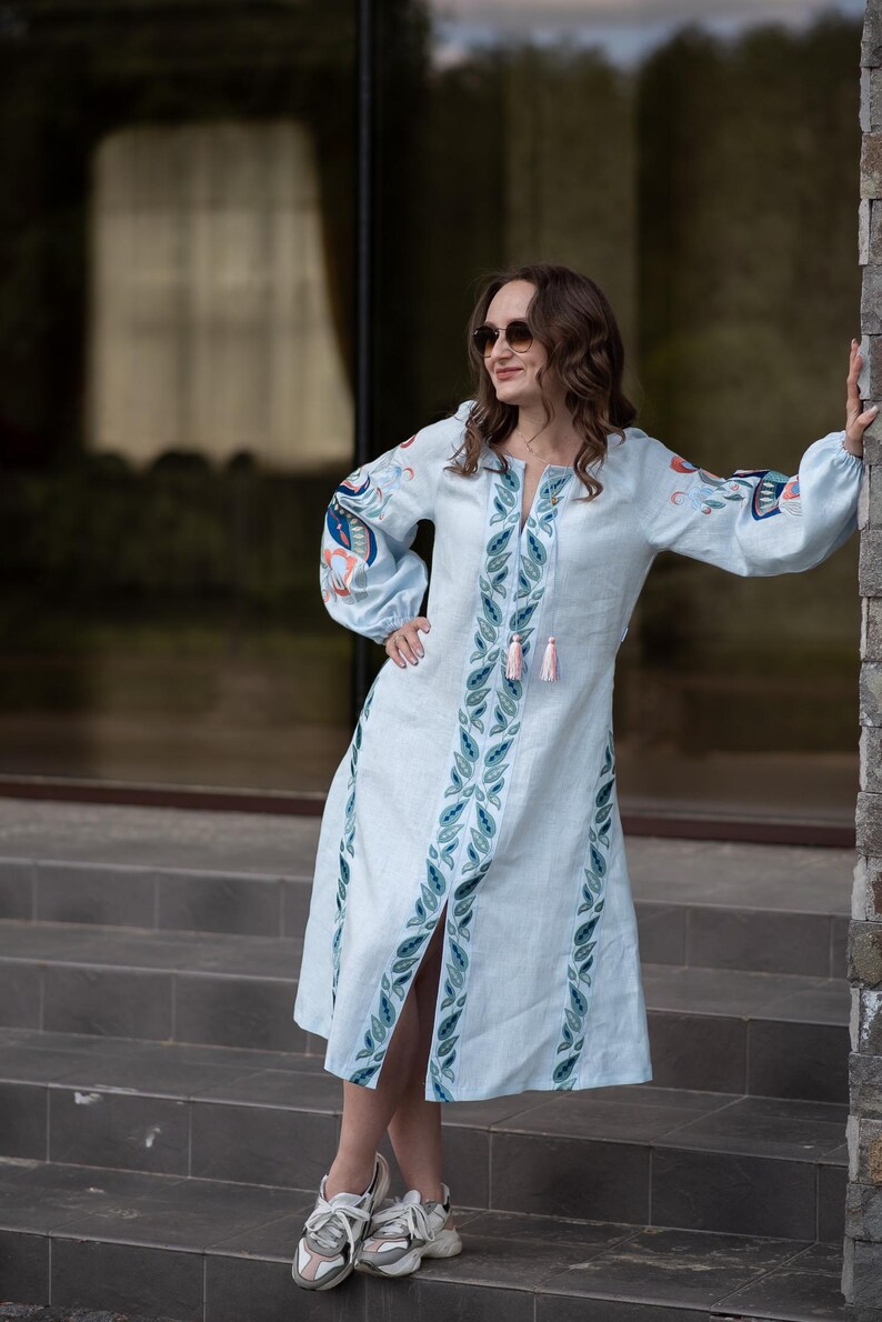 Light Blue Linen Embroidered Ukrainian Vyshyvanka Dress with Leaf Motifs, Tassel Belt and Front Slit – Boho Folk Midi with Balloon Sleeves