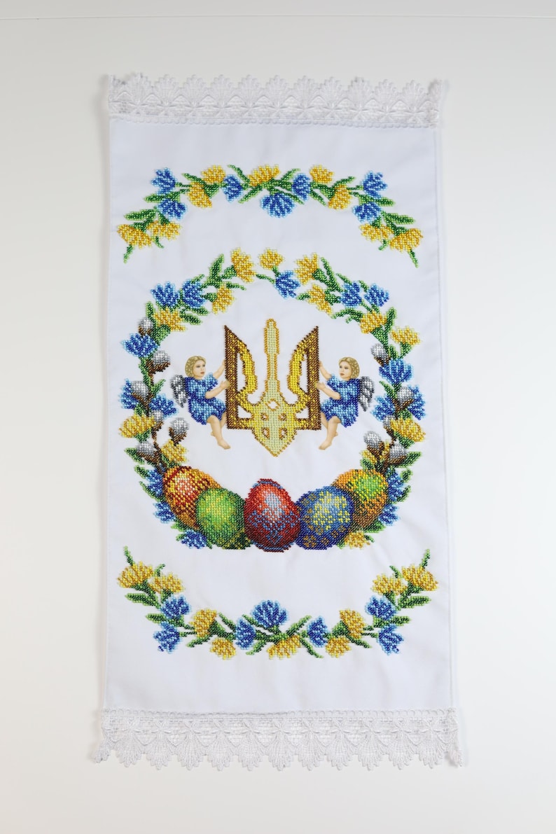 Ukrainian beaded Easter basket cover with trident & angels