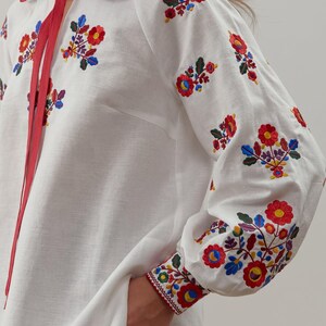 Embroidered Ukrainian linen blouse for women with red tie collar and floral sleeves, Yavoriv folk motifs, Peasant shirt