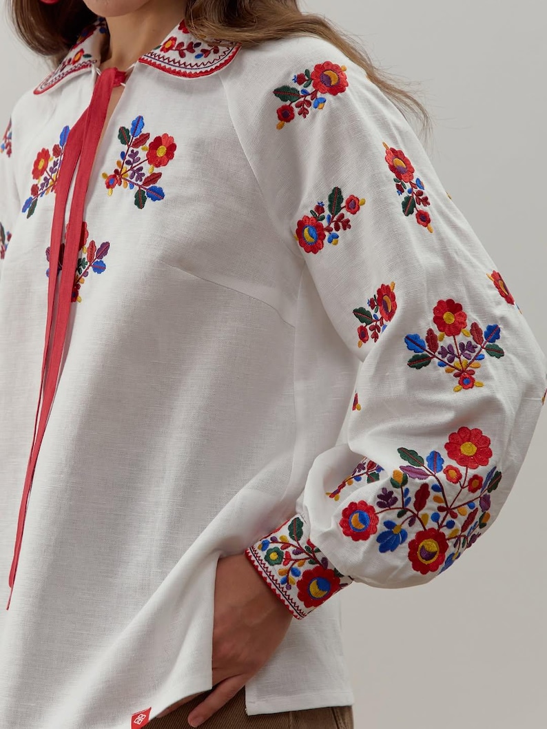 Embroidered Ukrainian linen blouse for women with red tie collar and floral sleeves, Yavoriv folk motifs, Peasant shirt
