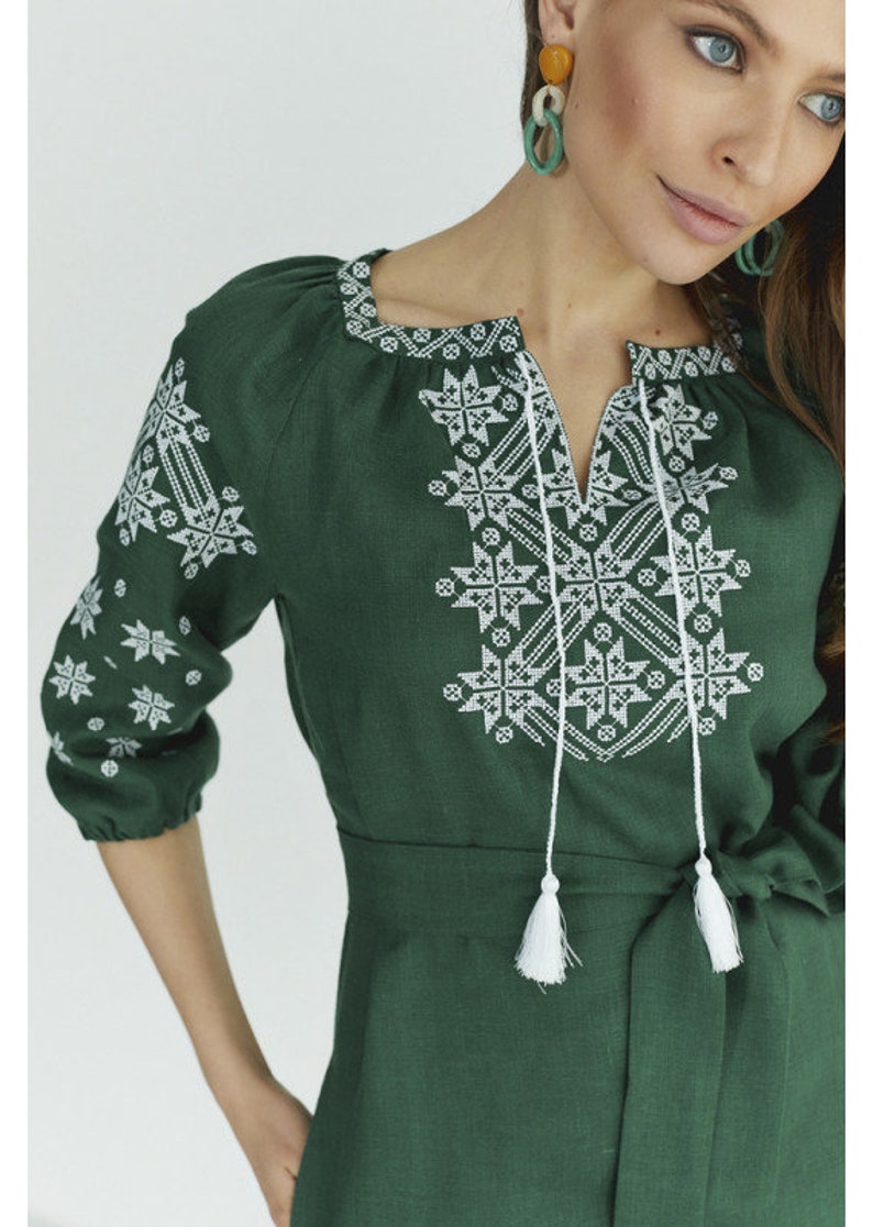 Green Linen Embroidered Dress for Women. Ukrainian Vyshyvanka Dress with White Geometric Folk Embroidery. Blue linen ukrainian dress with belt and mid-thigh length.