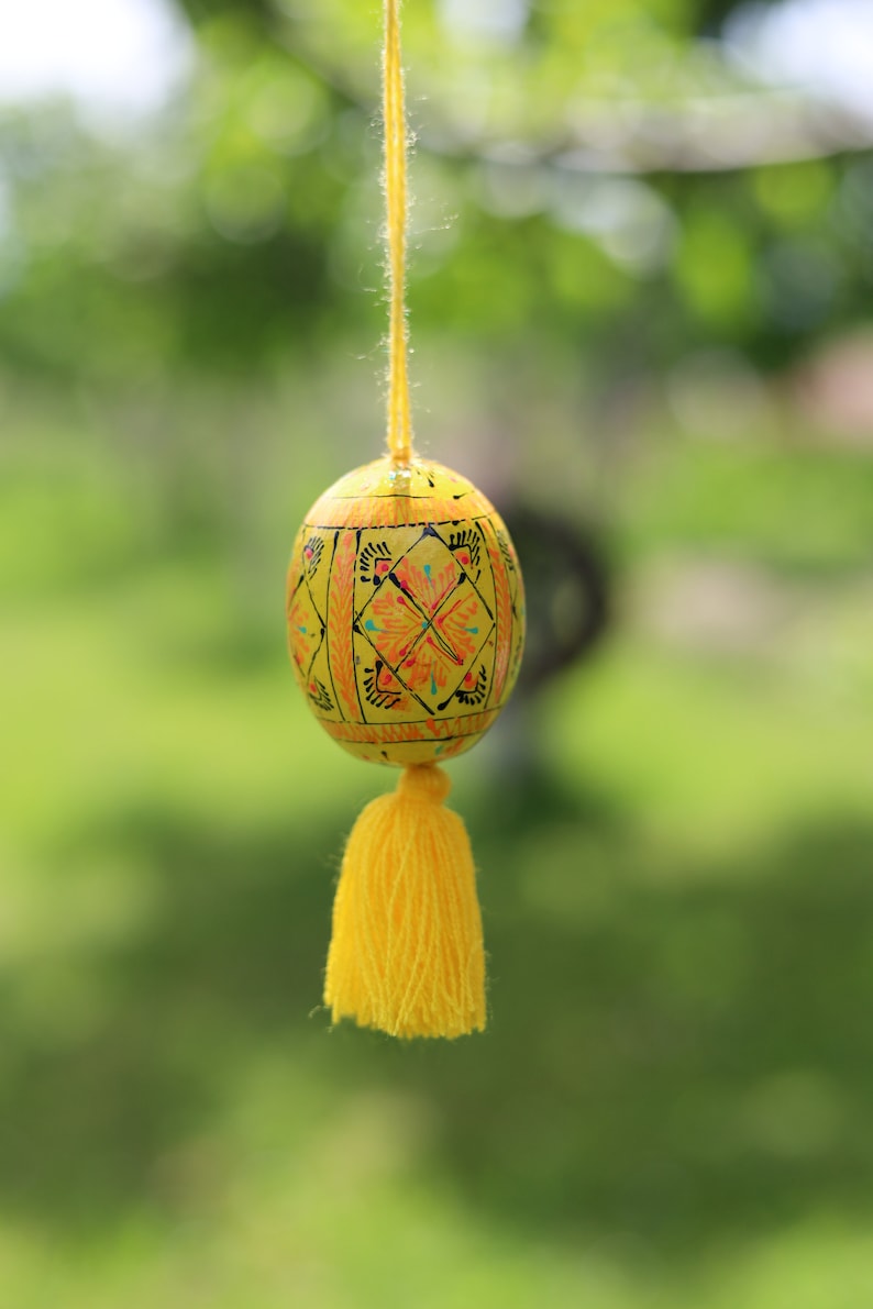 Hand-painted Ukrainian pysanka Easter egg ornaments with tassels