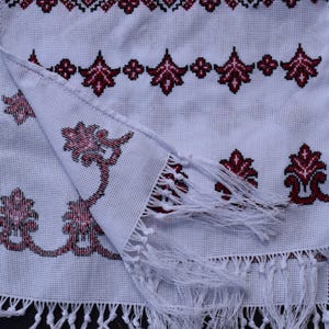 Ukrainian embroidered ritual towel with red black geometric cross stitch, Handmade rushnyk for wedding or traditional home decor