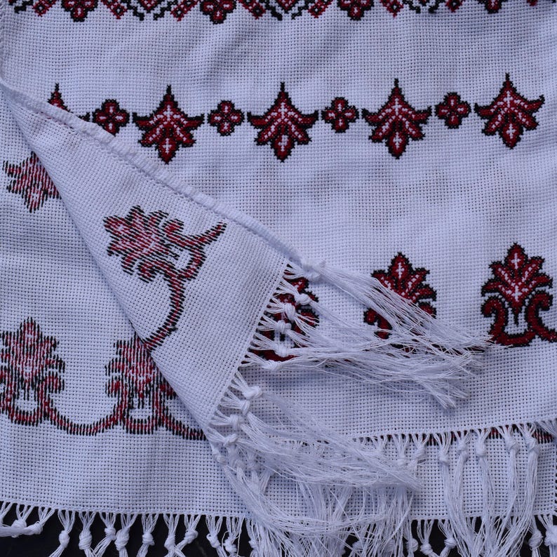 Ukrainian embroidered ritual towel with red black geometric cross stitch, Handmade rushnyk for wedding or traditional home decor