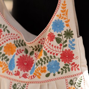 Beige Embroidered Shoulder Bag with Floral Folk Pattern, Pleated Boho Handbag with Metal Rings, Statement Fabric Tote