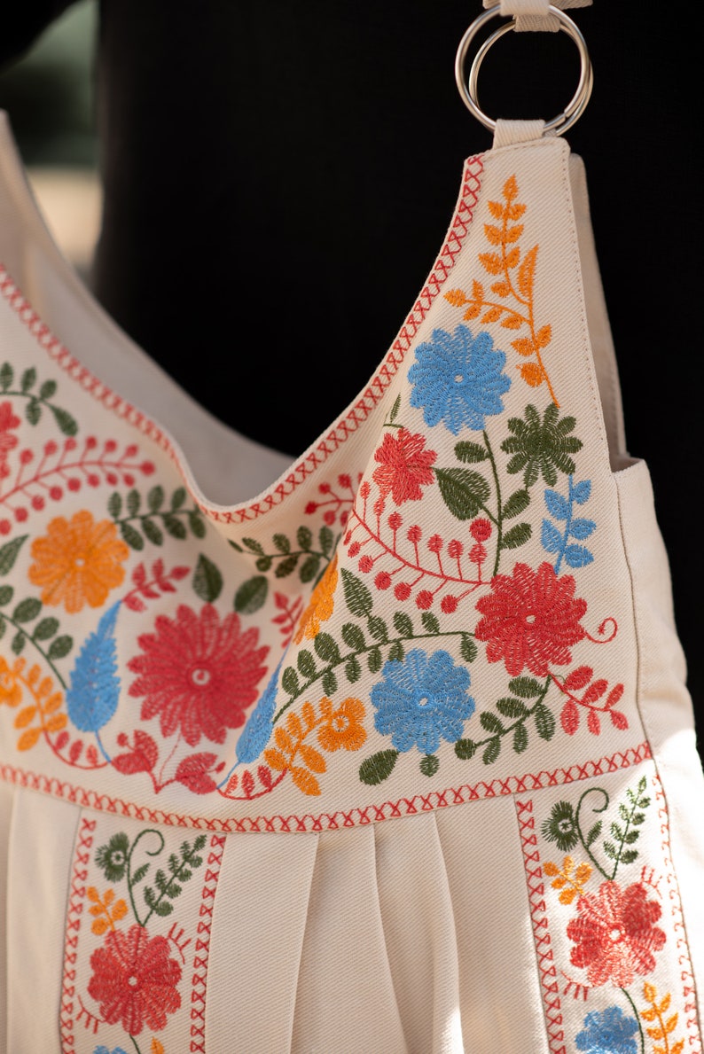 Beige Embroidered Shoulder Bag with Floral Folk Pattern, Pleated Boho Handbag with Metal Rings, Statement Fabric Tote