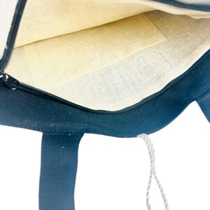 Linen tote bag with black dandelion print and wooden button