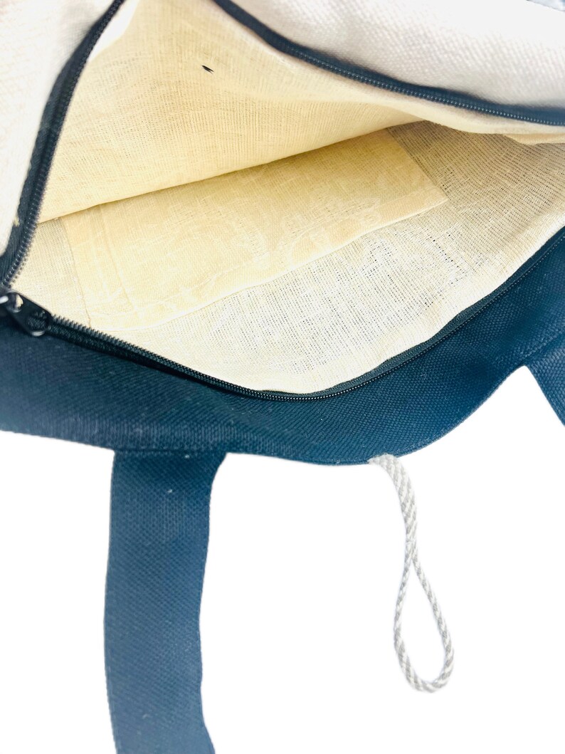 Linen tote bag with black dandelion print and wooden button