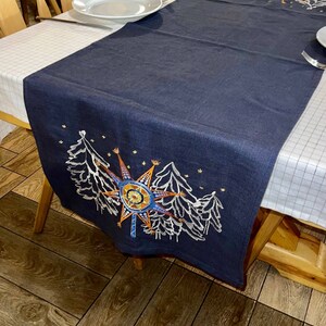 Embroidered linen Christmas table runner