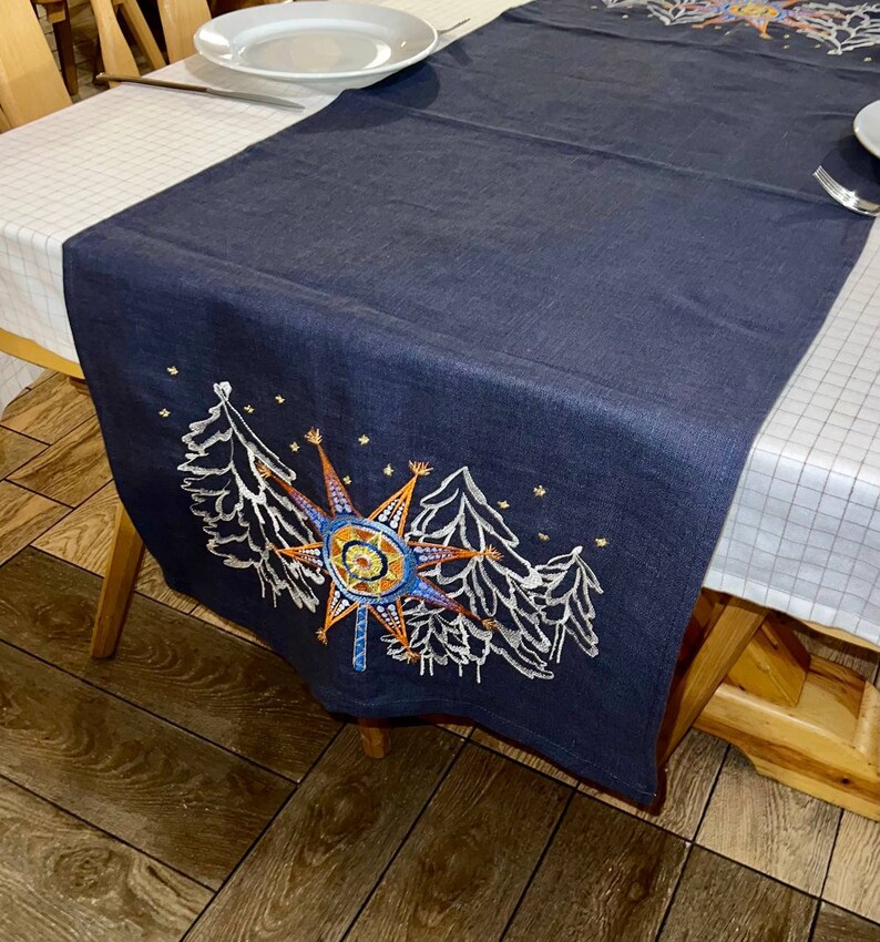Embroidered linen Christmas table runner