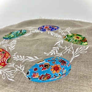 以下が含まれることがあります： ベージュのリネン製のテーブルランナーに、白い刺繍の枝とカラフルなイースターエッグが施されています。卵は、青、赤、緑、黄色の花柄で飾られています。