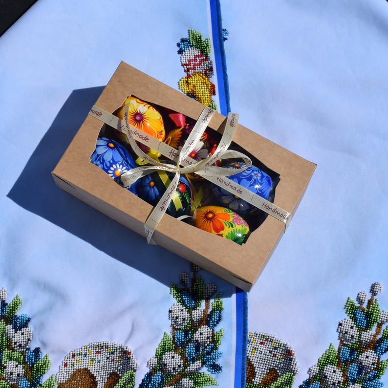 Set of 6 hand painted Easter egg ornaments with ribbons, Ukrainian folk floral wooden eggs, Gift boxed spring decor