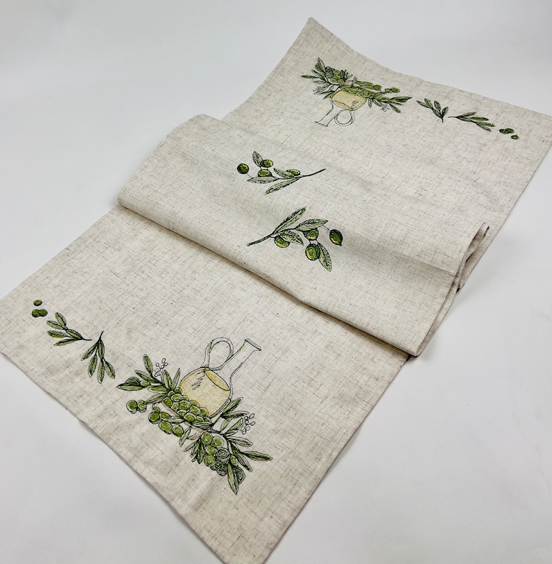 Olive Embroidered Runner, Linen Italian Rug, Vegetable Kitchen, Kitchen Tuscan Decor, Olive Branch Table Topper image 10