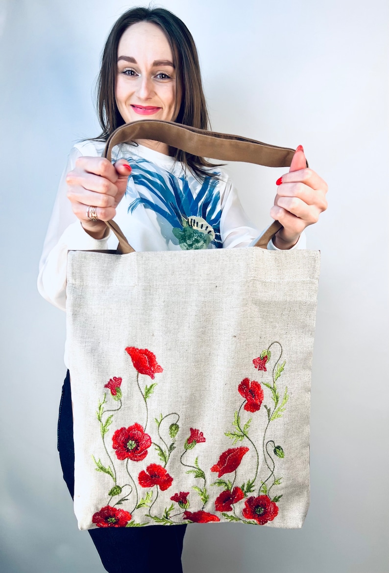 Embroidered Linen Tote Bag with Red Poppies, Symbolic Floral Shoulder Bag, Eco Fabric Shopping Bag, Handmade Textile Accessory