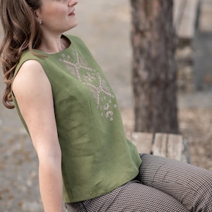 Green linen sleeveless top with embroidery